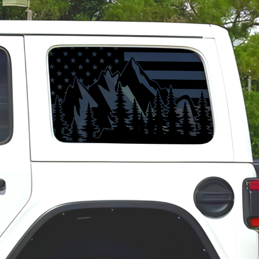 Flag and Mountain Landscape Rear Window Full Coverage Decal